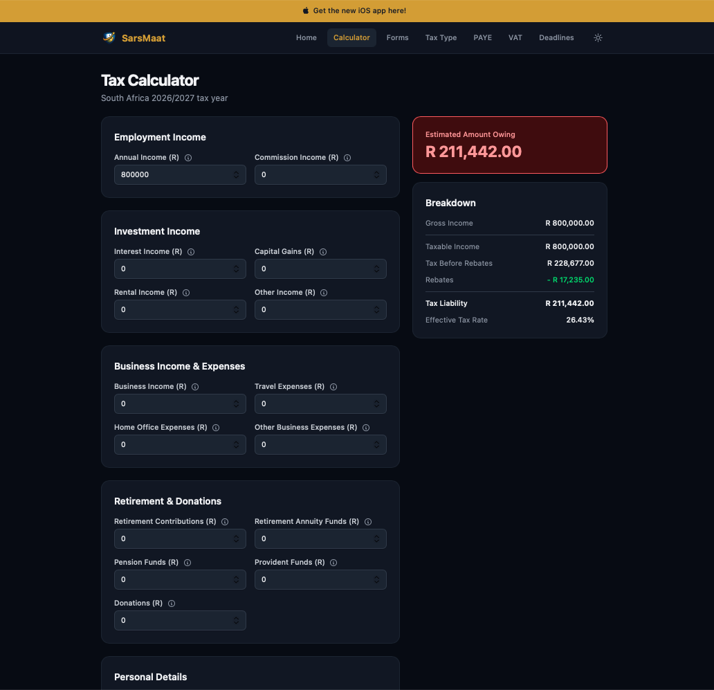 SarsMaat web app: Tax Calculator